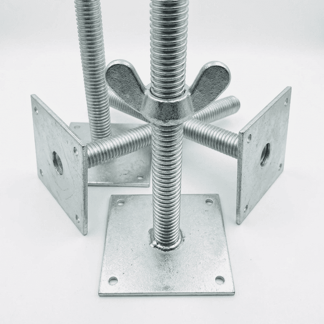 Galvanized adjustable Kwikstage base jacks with threaded stems, wing nuts and square base plates