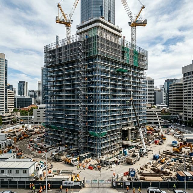 Commercial high-rise building wrapped in kwikstage scaffolding at an active construction site