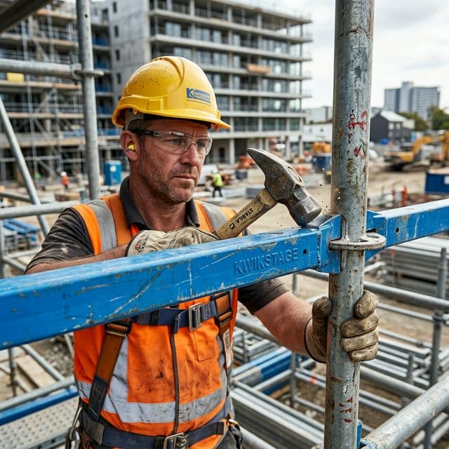 Scaffolder in safety gear assembling kwikstage scaffold on an active site