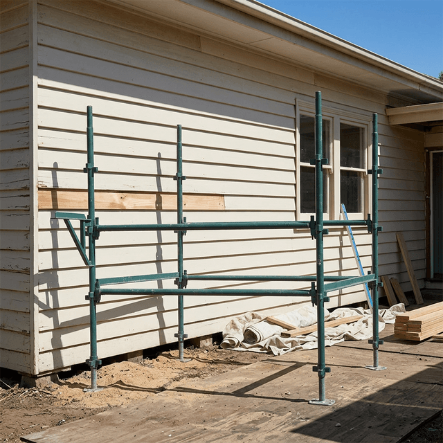 Residential kwikstage scaffold setup around a weatherboard house renovation