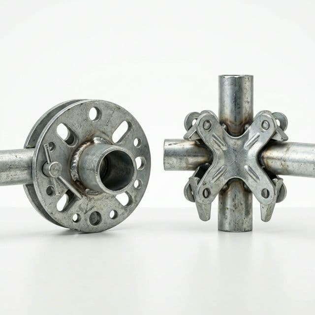 Close-up comparison of scaffold connection hardware and rosette-style fit-up