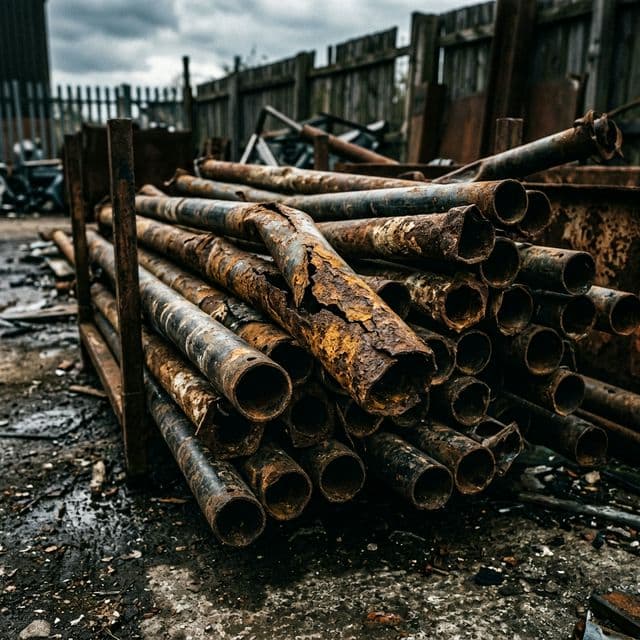 Stack of heavily rusted second-hand scaffold tubes in an outdoor yard