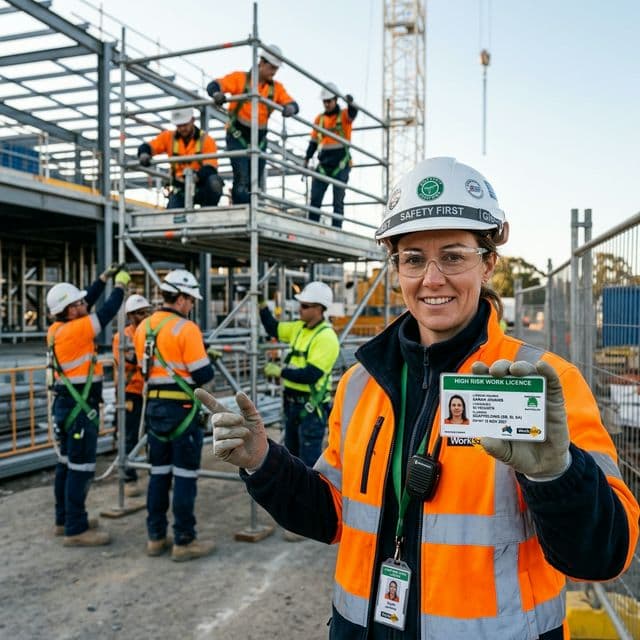 Scaffolding crew on site with worker showing a high risk work licence card