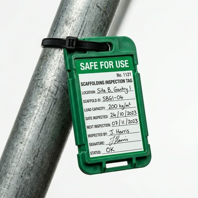 Green scaffolding inspection tag marked safe for use attached to scaffold tube