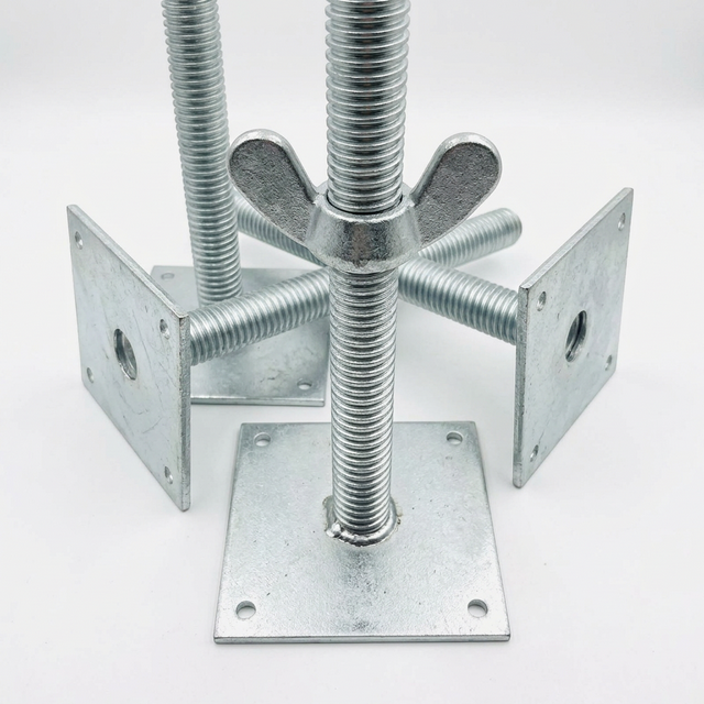 Galvanized base jacks showing threaded stems, wing nuts, square plates and plate-to-stem welds