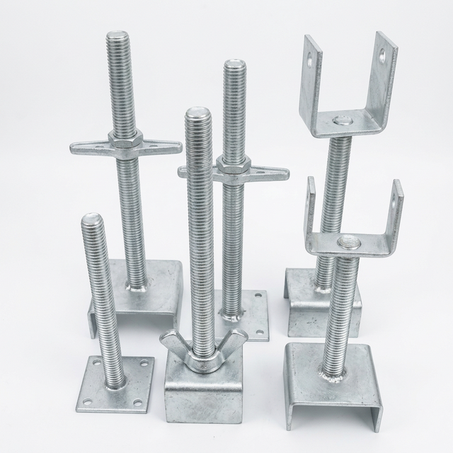 Assorted galvanized threaded jacks with square base plates and U-shaped heads